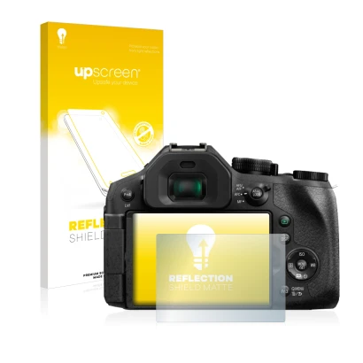 Face avant d’un emballage produit avec le logo de la marque upscreen. À côté, l’appareil Panasonic Lumix DMC-FZ330 est représe