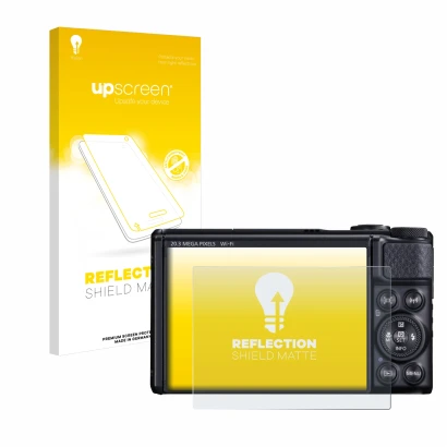 Face avant d’un emballage produit avec le logo de la marque upscreen. À côté, l’appareil Canon PowerShot SX740 HS est représen