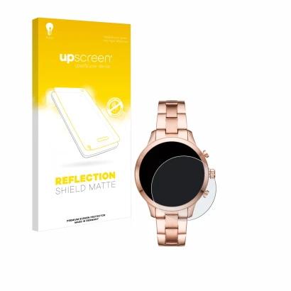 Face avant d’un emballage produit avec le logo de la marque upscreen. À côté, l’appareil Michael Kors Access Runway (41 mm) es