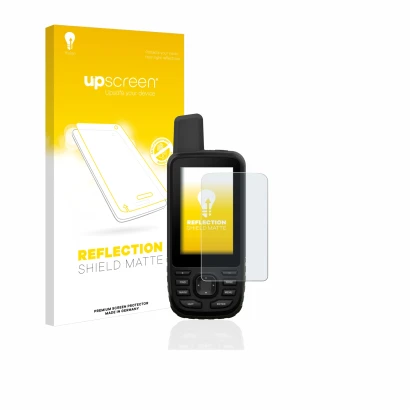 Face avant d’un emballage produit avec le logo de la marque upscreen. À côté, l’appareil Garmin GPSMAP 66s est représenté avec