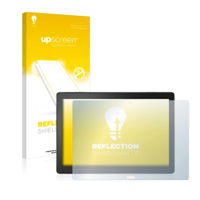 Face avant d’un emballage produit avec le logo de la marque upscreen. À côté, l’appareil Lenovo Tab P10 (10,1") est représenté
