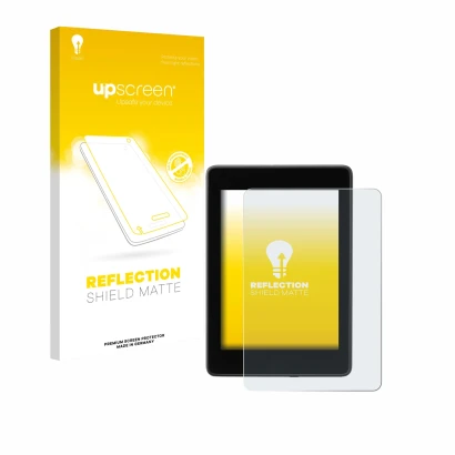 Face avant d’un emballage produit avec le logo de la marque upscreen. À côté, l’appareil Amazon Kindle Paperwhite 2018 (10ème