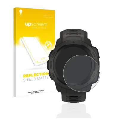 Face avant d’un emballage produit avec le logo de la marque upscreen. À côté, l’appareil Garmin Instinct est représenté avec l