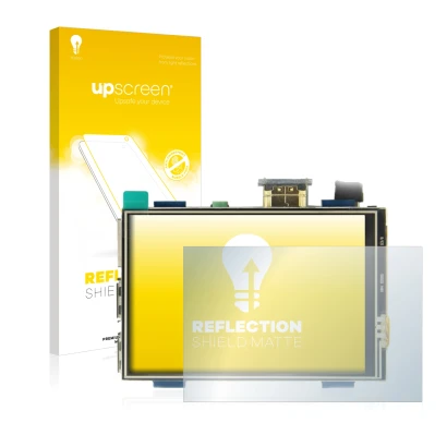 Face avant d’un emballage produit avec le logo de la marque upscreen. À côté, l’appareil Raspberry Pi Touchscreen (3.5") est r