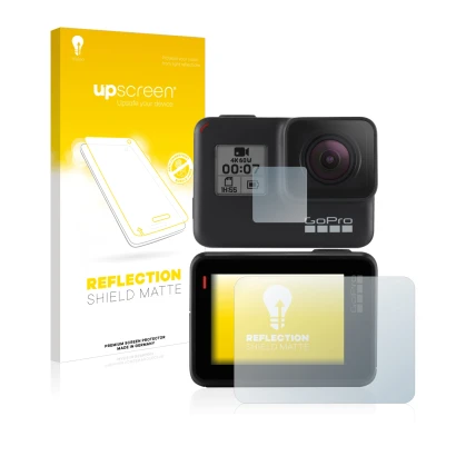 Face avant d’un emballage produit avec le logo de la marque upscreen. À côté, l’appareil GoPro Hero 7 Black est représenté ave