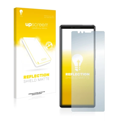 Face avant d’un emballage produit avec le logo de la marque upscreen. À côté, l’appareil Sony Xperia 1 est représenté avec la