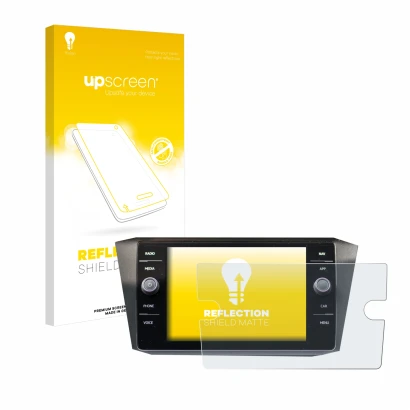 Face avant d’un emballage produit avec le logo de la marque upscreen. À côté, l’appareil Volkswagen Tiguan Discover Media 8" 2