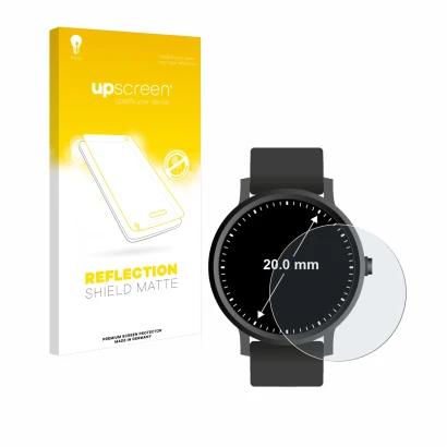 Face avant d’un emballage produit avec le logo de la marque upscreen. À côté, l’appareil Circulaire Displays (ø: 20 mm) est re