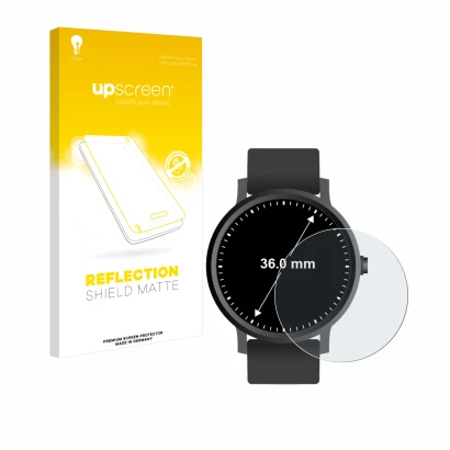 Face avant d’un emballage produit avec le logo de la marque upscreen. À côté, l’appareil Circulaire Displays (ø: 36 mm) est re
