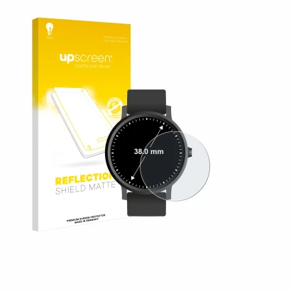 Face avant d’un emballage produit avec le logo de la marque upscreen. À côté, l’appareil Circulaire Displays (ø: 38 mm) est re