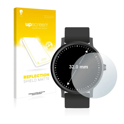 Face avant d’un emballage produit avec le logo de la marque upscreen. À côté, l’appareil Circulaire Displays (ø: 32 mm) est re