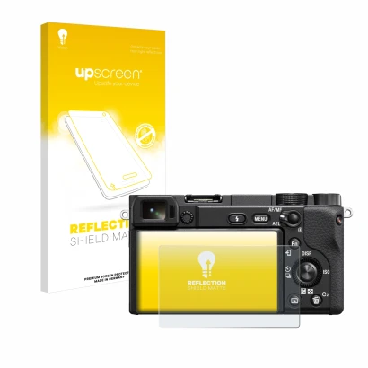 Face avant d’un emballage produit avec le logo de la marque upscreen. À côté, l’appareil Sony Alpha 6400 est représenté avec l