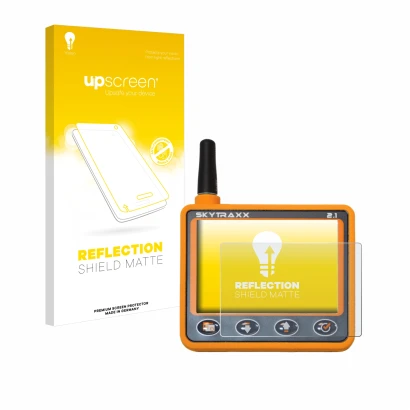 Face avant d’un emballage produit avec le logo de la marque upscreen. À côté, l’appareil Skytraxx 2.1 Vario est représenté ave