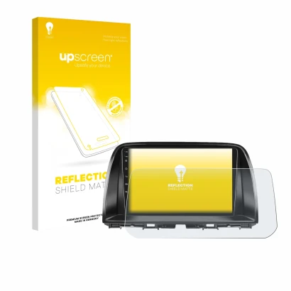 Face avant d’un emballage produit avec le logo de la marque upscreen. À côté, l’appareil Mazda CX-5 2017 Infotainment System e