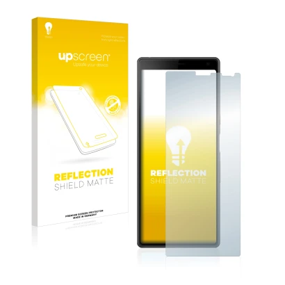 Face avant d’un emballage produit avec le logo de la marque upscreen. À côté, l’appareil Sony Xperia 10 est représenté avec la