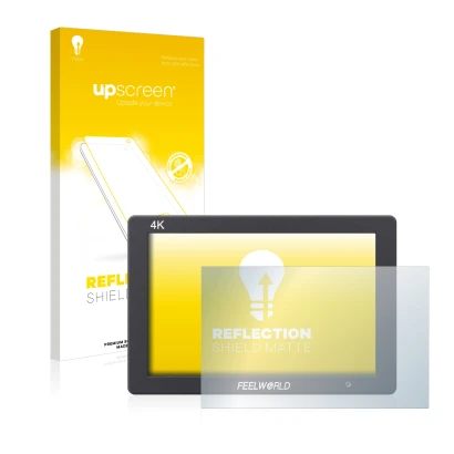 Face avant d’un emballage produit avec le logo de la marque upscreen. À côté, l’appareil Feelworld T7 7" est représenté avec l