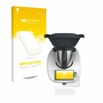 Face avant d’un emballage produit avec le logo de la marque upscreen. À côté, l’appareil Vorwerk Thermomix TM6 est représenté 