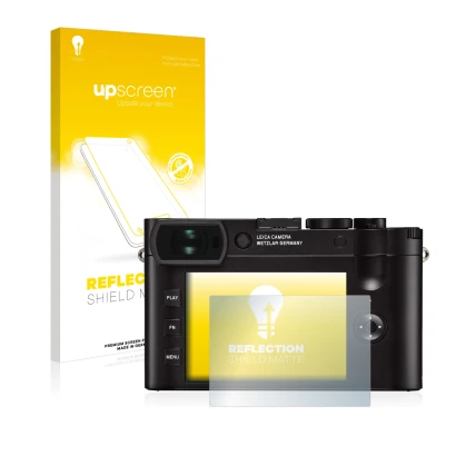 Face avant d’un emballage produit avec le logo de la marque upscreen. À côté, l’appareil Leica Q2 est représenté avec la prote