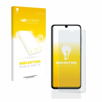 Face avant d’un emballage produit avec le logo de la marque upscreen. À côté, l’appareil Samsung Galaxy A70 est représenté ave
