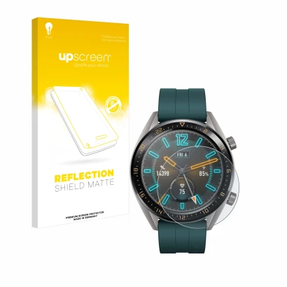 Face avant d’un emballage produit avec le logo de la marque upscreen. À côté, l’appareil Huawei Watch GT Active est représenté