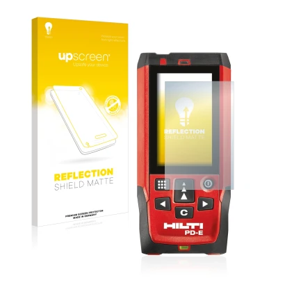 Face avant d’un emballage produit avec le logo de la marque upscreen. À côté, l’appareil Hilti PD-E est représenté avec la pro