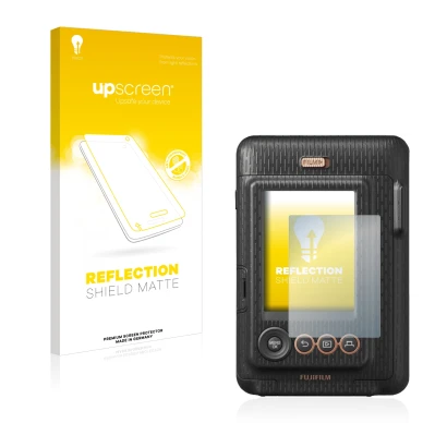 Face avant d’un emballage produit avec le logo de la marque upscreen. À côté, l’appareil Fujifilm Instax Mini LiPlay est repré