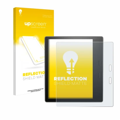 Face avant d’un emballage produit avec le logo de la marque upscreen. À côté, l’appareil Amazon Kindle Oasis 2019 (10ème Gen.)