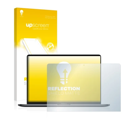 Face avant d’un emballage produit avec le logo de la marque upscreen. À côté, l’appareil Apple MacBook Pro 13" 2019 est représ