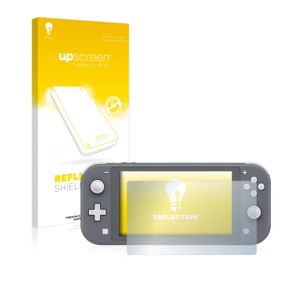 Face avant d’un emballage produit avec le logo de la marque upscreen. À côté, l’appareil Nintendo Switch Lite est représenté a