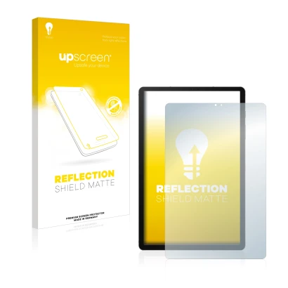 Face avant d’un emballage produit avec le logo de la marque upscreen. À côté, l’appareil Samsung Galaxy Tab S6 WiFi 2019 est r