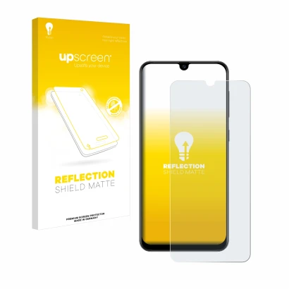 Face avant d’un emballage produit avec le logo de la marque upscreen. À côté, l’appareil Samsung Galaxy A50s est représenté av