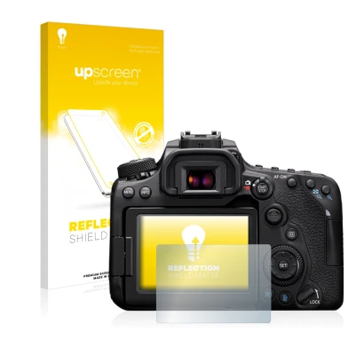 Face avant d’un emballage produit avec le logo de la marque upscreen. À côté, l’appareil Canon EOS 90D est représenté avec la 