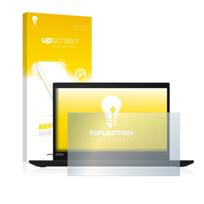 Face avant d’un emballage produit avec le logo de la marque upscreen. À côté, l’appareil Lenovo ThinkPad X390 Non-Touch est re