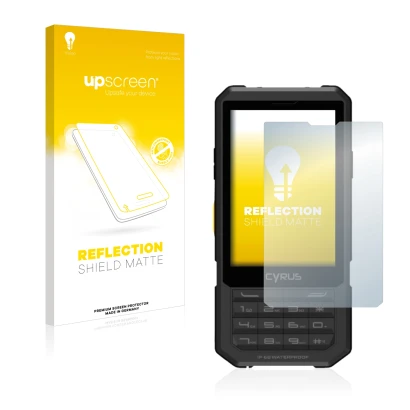 Face avant d’un emballage produit avec le logo de la marque upscreen. À côté, l’appareil Cyrus CM 17 Hybrid est représenté ave