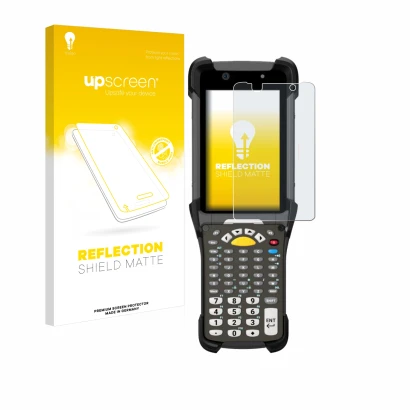 Face avant d’un emballage produit avec le logo de la marque upscreen. À côté, l’appareil Zebra MC9300 est représenté avec la p