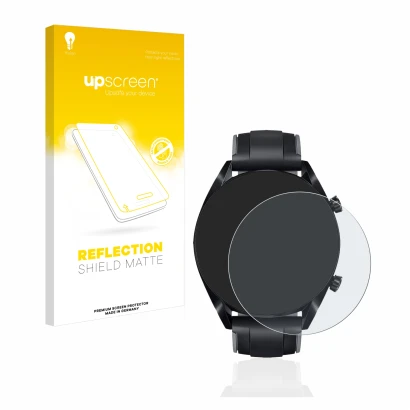 Face avant d’un emballage produit avec le logo de la marque upscreen. À côté, l’appareil Huawei Watch GT 2 (46 mm) est représe