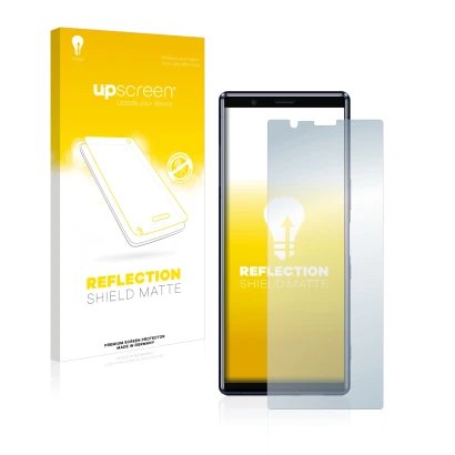 Face avant d’un emballage produit avec le logo de la marque upscreen. À côté, l’appareil Sony Xperia 5 est représenté avec la