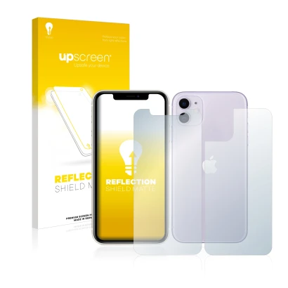 Face avant d’un emballage produit avec le logo de la marque upscreen. À côté, l’appareil Apple iPhone 11 (Avant+Arrière) est r