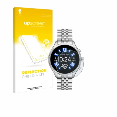 Face avant d’un emballage produit avec le logo de la marque upscreen. À côté, l’appareil Michael Kors Access Lexington 2 est r
