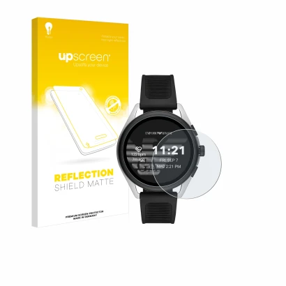 Face avant d’un emballage produit avec le logo de la marque upscreen. À côté, l’appareil Emporio Armani Connected Smartwatch 3