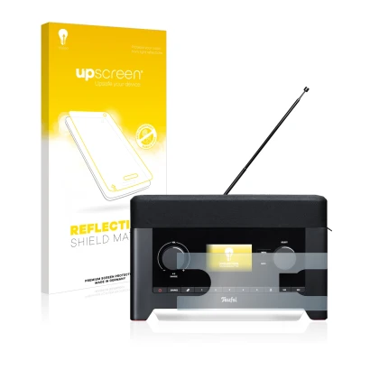 Face avant d’un emballage produit avec le logo de la marque upscreen. À côté, l’appareil Teufel Radio 3sixty est représenté av