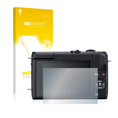 Face avant d’un emballage produit avec le logo de la marque upscreen. À côté, l’appareil Canon EOS M200 est représenté avec la