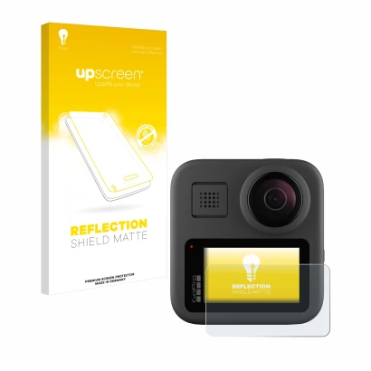 Face avant d’un emballage produit avec le logo de la marque upscreen. À côté, l’appareil GoPro Max est représenté avec la prot