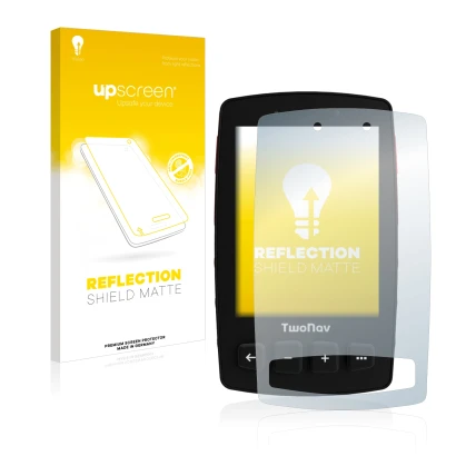 Face avant d’un emballage produit avec le logo de la marque upscreen. À côté, l’appareil TwoNav Trail 2 est représenté avec la