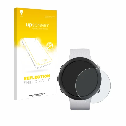 Face avant d’un emballage produit avec le logo de la marque upscreen. À côté, l’appareil Garmin Swim 2 est représenté avec la