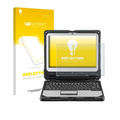 Face avant d’un emballage produit avec le logo de la marque upscreen. À côté, l’appareil Panasonic Toughbook CF-33 est représe