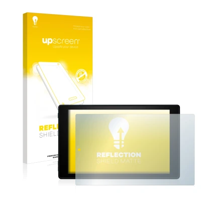 Face avant d’un emballage produit avec le logo de la marque upscreen. À côté, l’appareil Amazon Fire HD 10 2019 (9ème Gen.) es