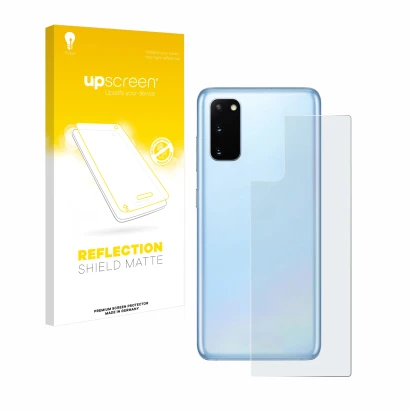 Face avant d’un emballage produit avec le logo de la marque upscreen. À côté, l’appareil Samsung Galaxy S20 (Arrière) est repr