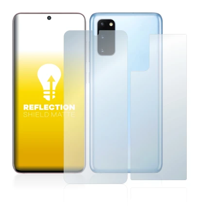 Image de l'appareil Samsung Galaxy S20 (Avant+Arrière) avec une grande variété de protections d'écran.