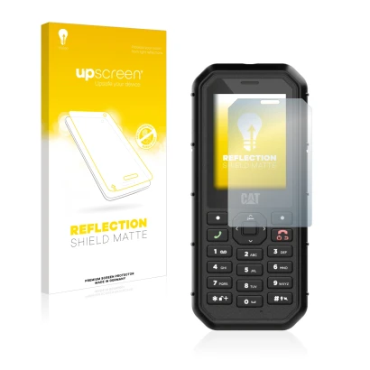 Face avant d’un emballage produit avec le logo de la marque upscreen. À côté, l’appareil Caterpillar Cat B26 est représenté av